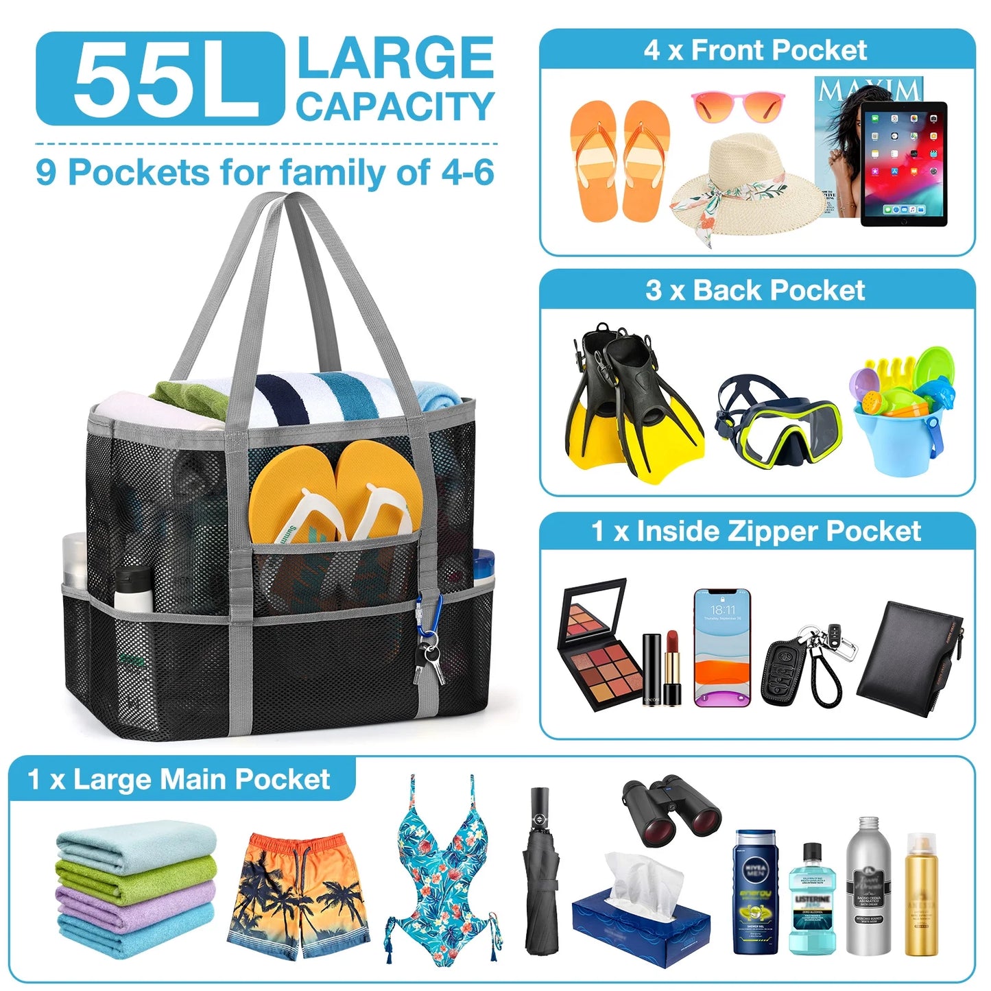 Oversized Wicker Beach Tote with Rope Handles and 9 Small Pockets for Women