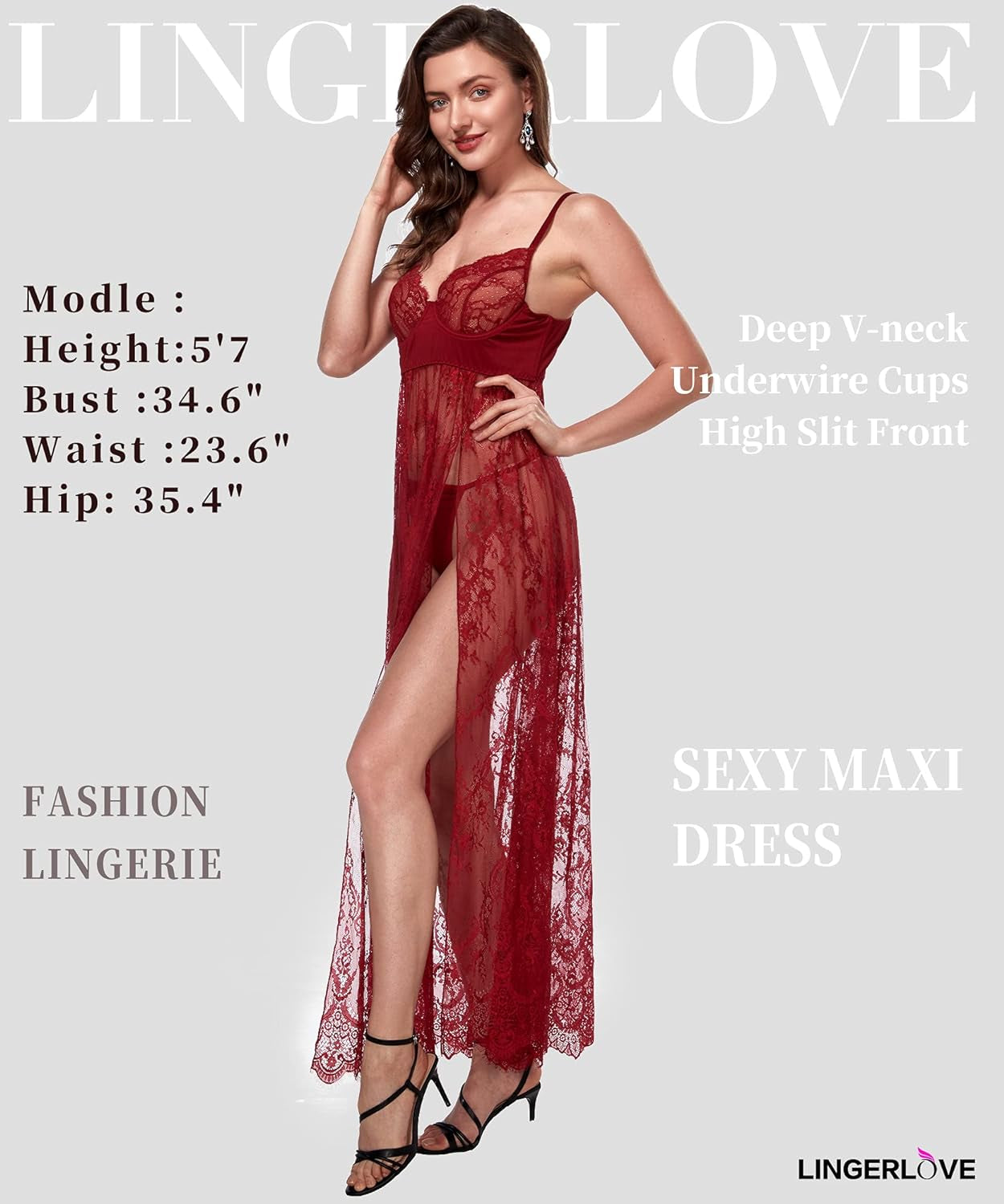 Elegant Wine Red Lace High Slit Maxi Gown - Sheer Women’s Lingerie with Underwire in Sizes S-4XL