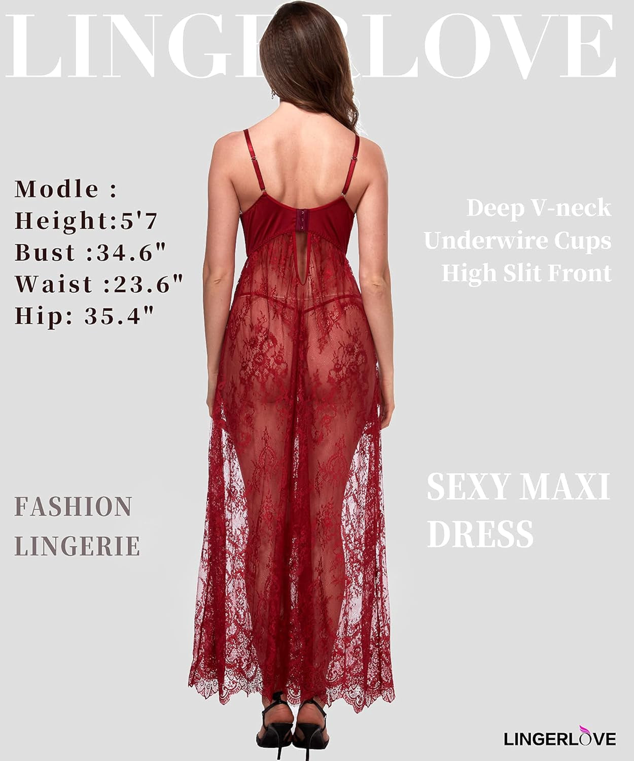 Elegant Wine Red Lace High Slit Maxi Gown - Sheer Women’s Lingerie with Underwire in Sizes S-4XL