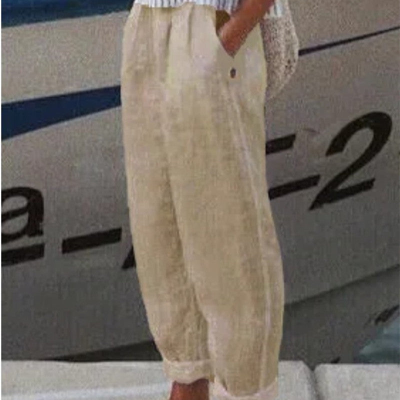 Women's Temperament Commuter Cotton Linen Straight Pocket Casual Pants
