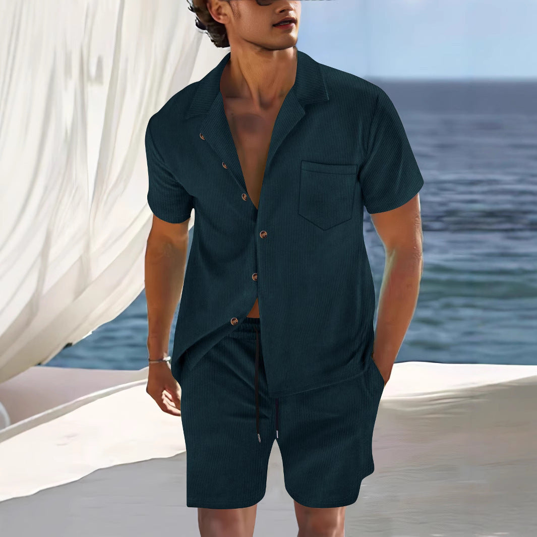 Men's Europe And America Cross Border Polyester Short Sleeve Cuban Collar Shirt Summer Suit