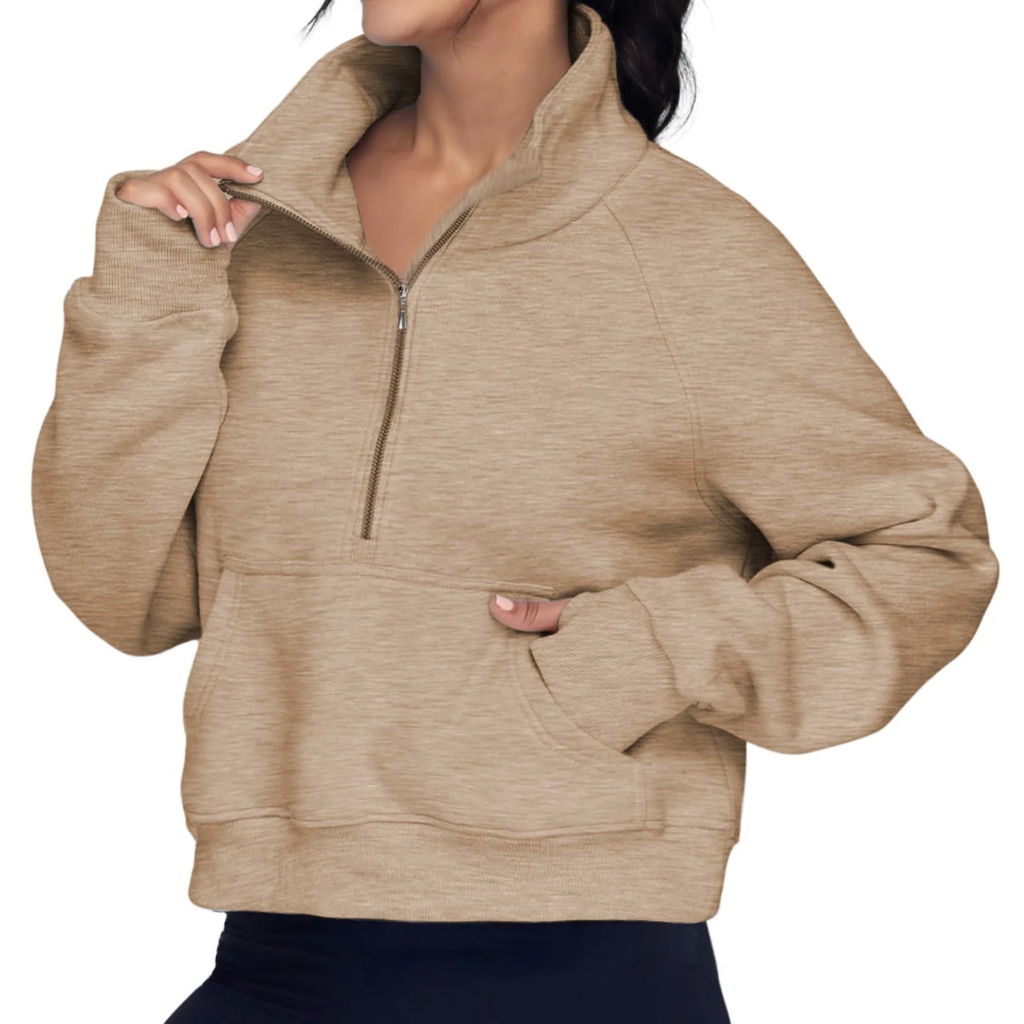 Cozy Khaki Half Zip Cropped Fleece Pullover Sweatshirt with Thumb Holes for Women