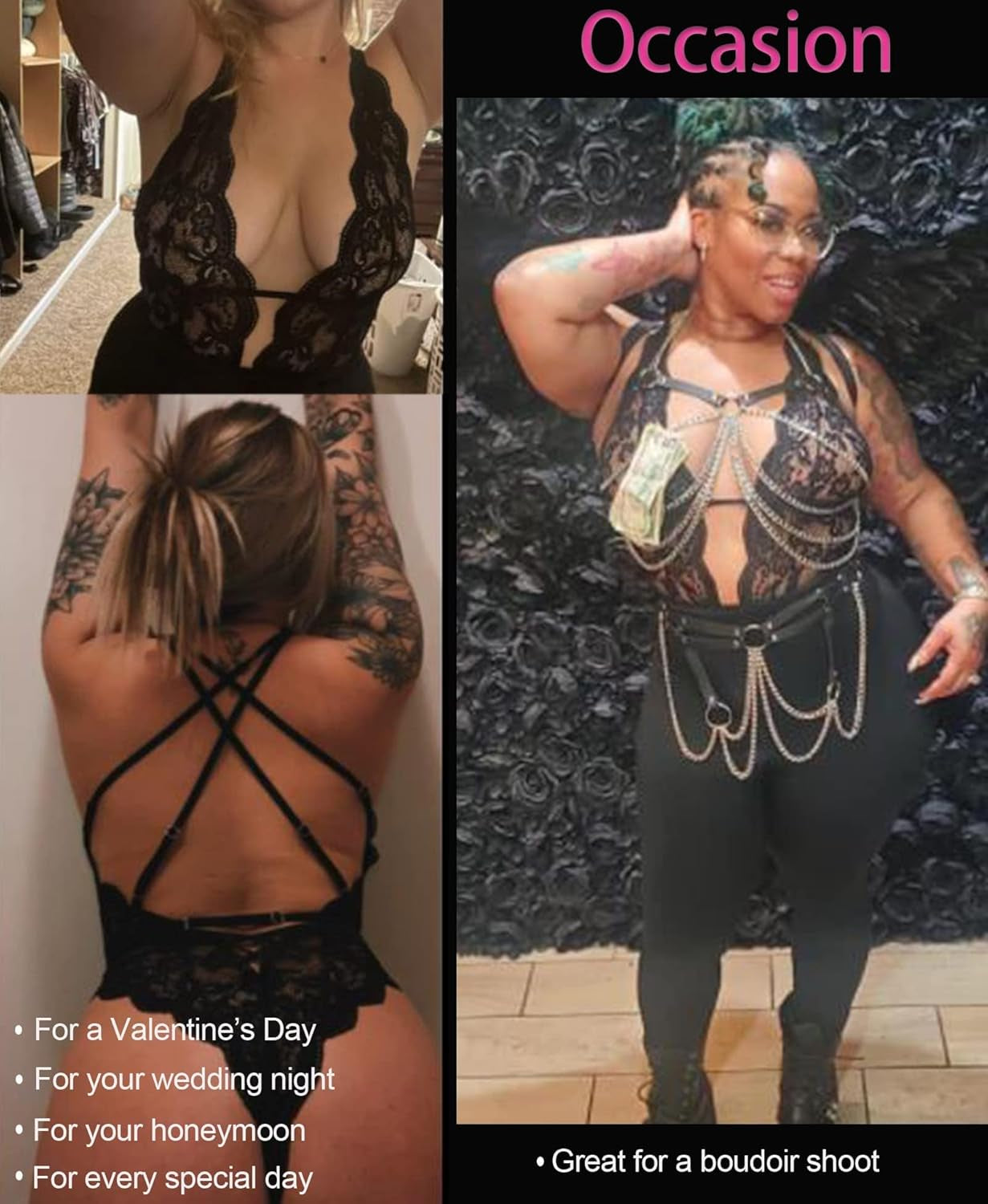 Seductive Hollow Out Floral Lace Bodysuit for Women - Deep V Teddy Babydoll Lingerie in Black