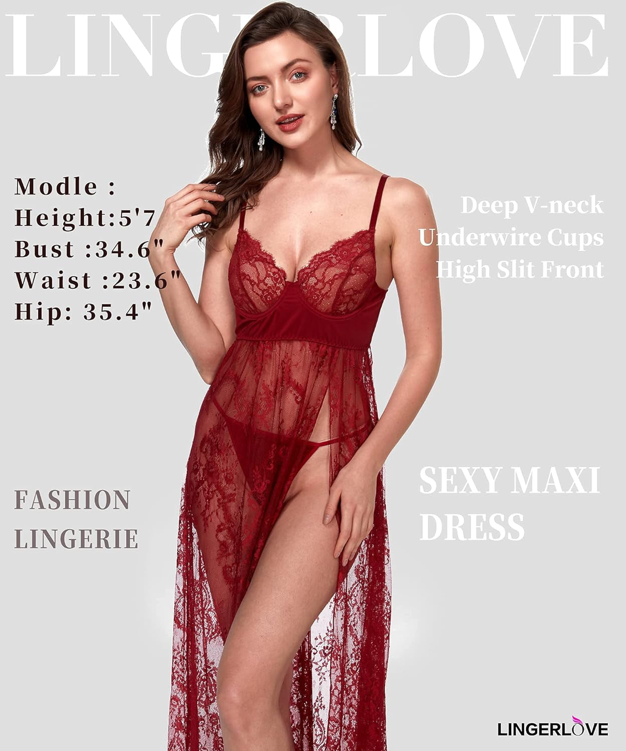 Elegant Wine Red Lace High Slit Maxi Gown - Sheer Women’s Lingerie with Underwire in Sizes S-4XL