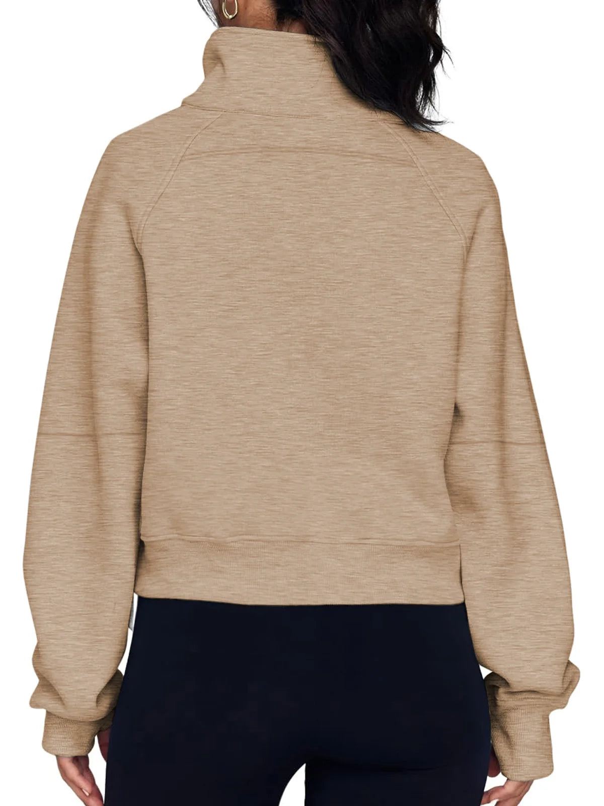 Cozy Khaki Half Zip Cropped Fleece Pullover Sweatshirt with Thumb Holes for Women