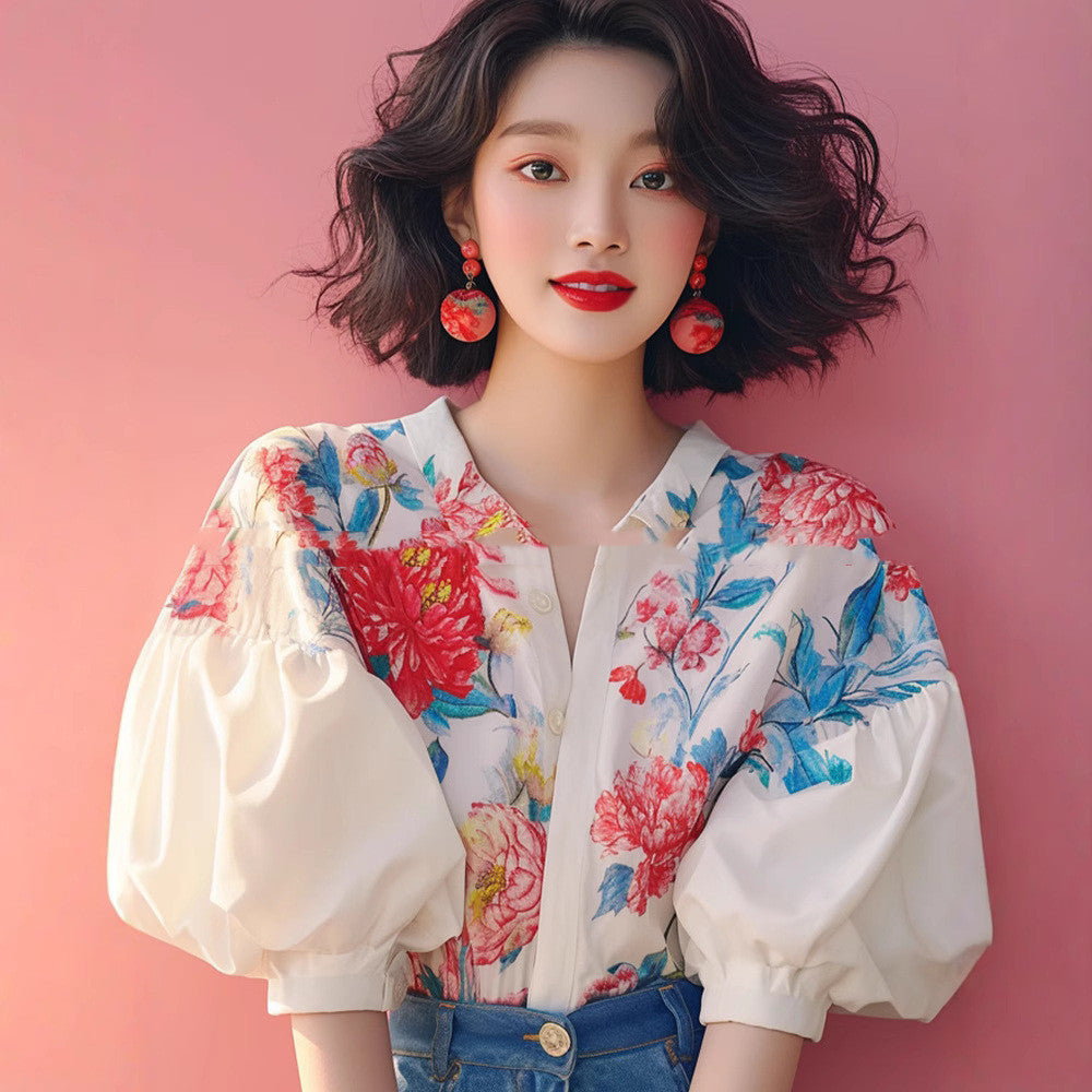 Women's Elegant French Style Puff Sleeve Floral Shirt