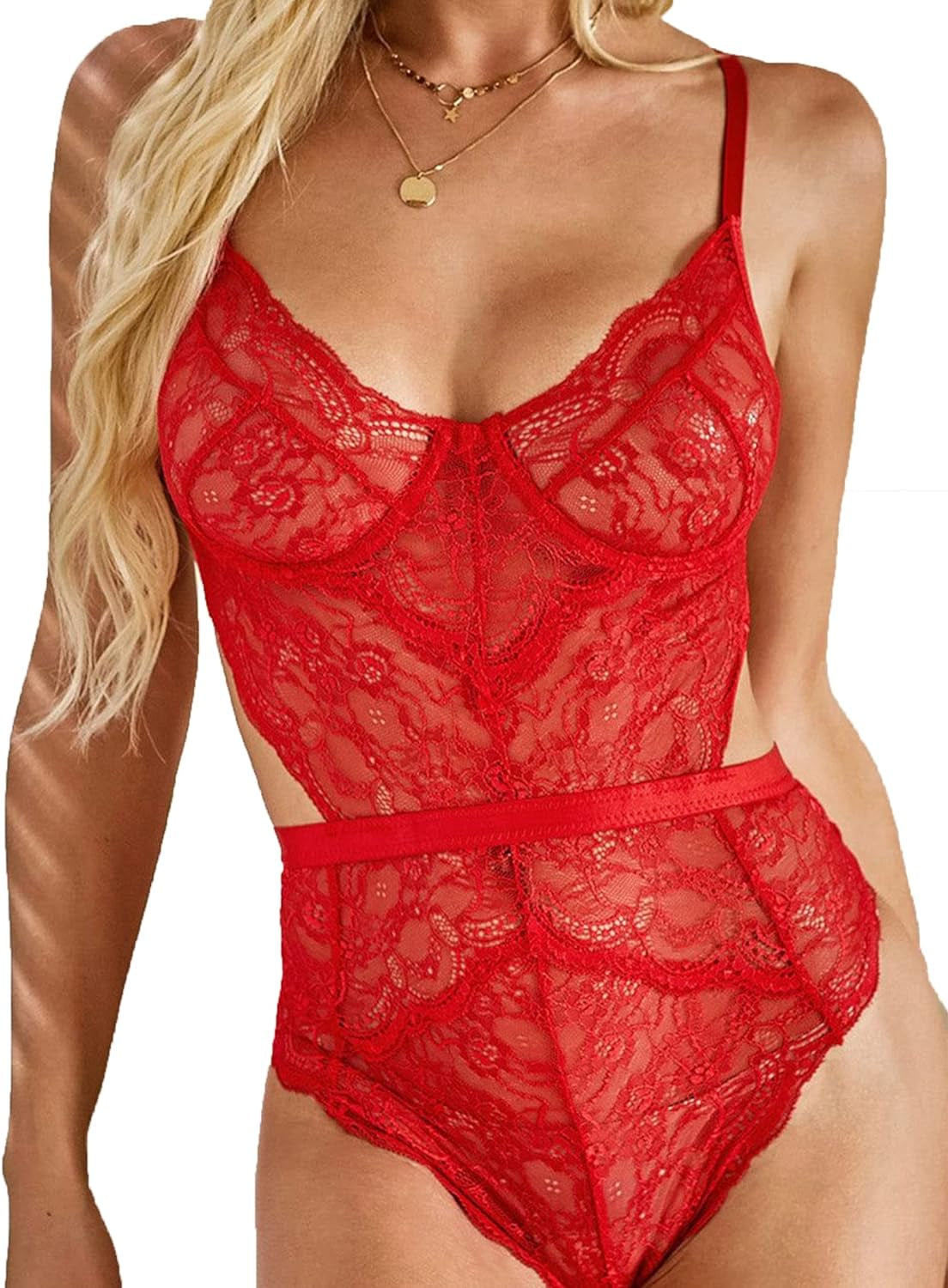 Seductive Floral Lace Cutout Teddy Bodysuit for Women - Irresistibly Chic Red Babydoll Lingerie