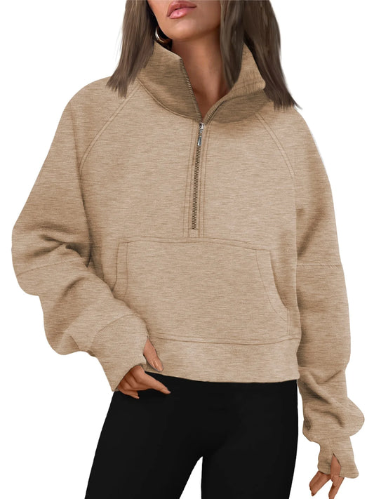 Cozy Khaki Half Zip Cropped Fleece Pullover Sweatshirt with Thumb Holes for Women
