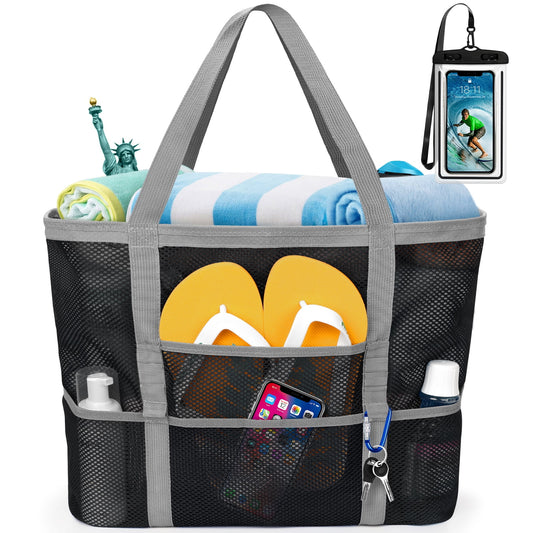 Oversized Wicker Beach Tote with Rope Handles and 9 Small Pockets for Women