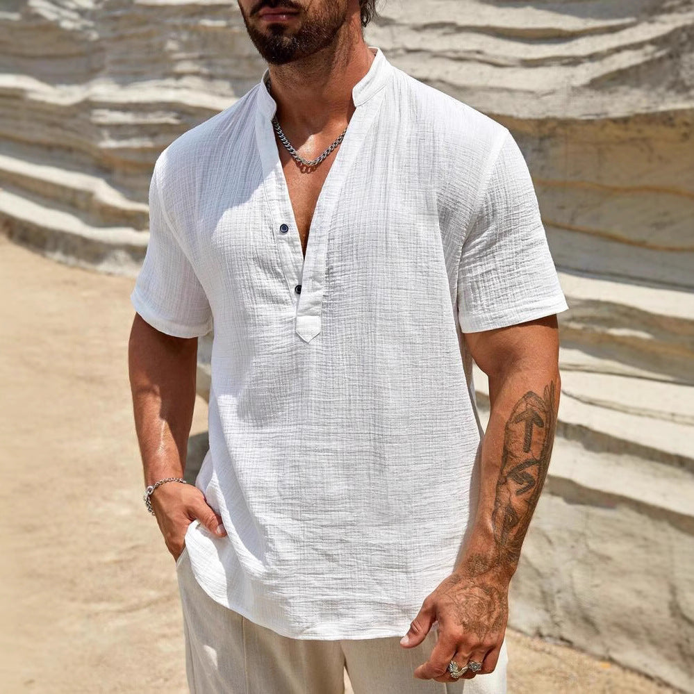 Men's Single-layer Solid Color Breathable Stand Collar Short-sleeved Shirt