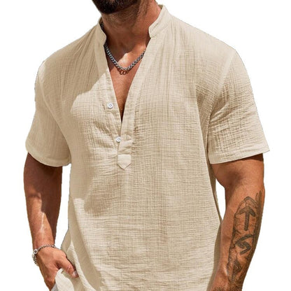 Men's Single-layer Solid Color Breathable Stand Collar Short-sleeved Shirt