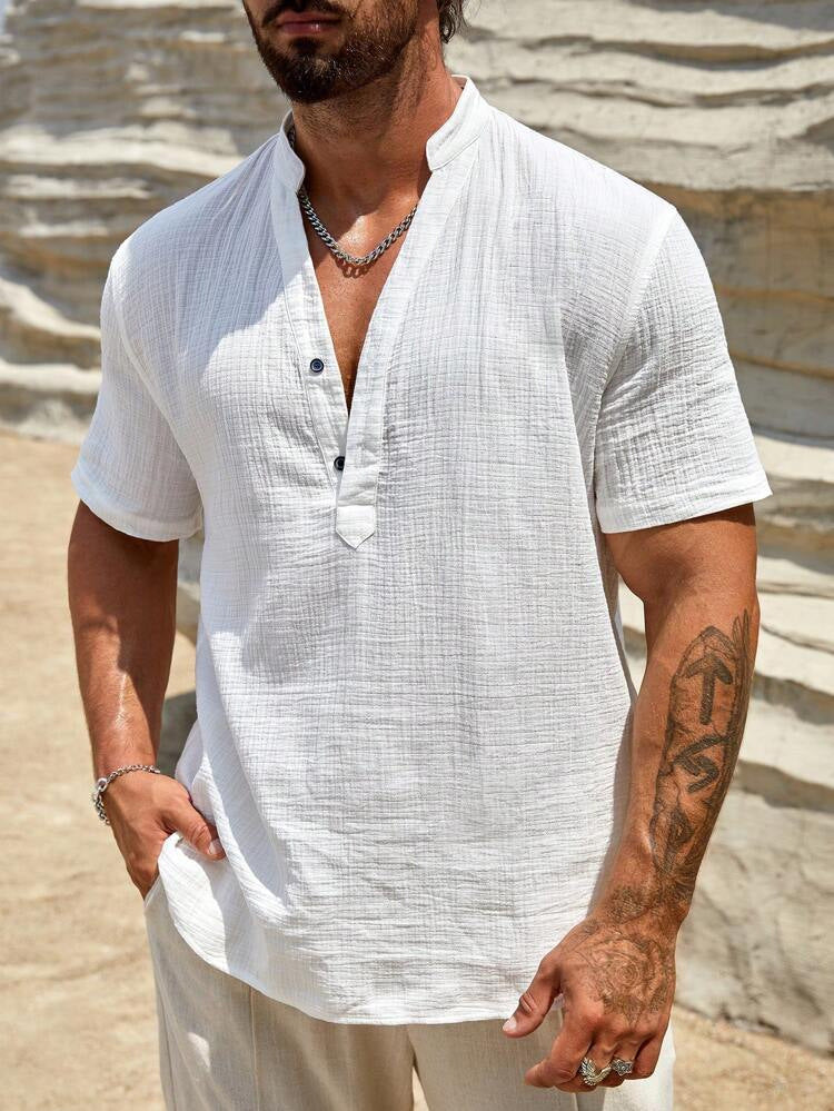 Men's Single-layer Solid Color Breathable Stand Collar Short-sleeved Shirt
