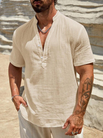 Men's Single-layer Solid Color Breathable Stand Collar Short-sleeved Shirt