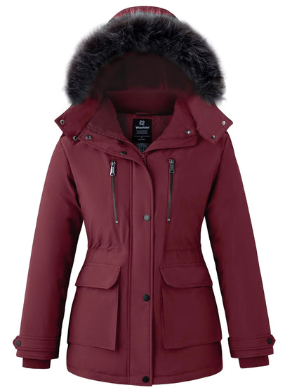 Women'S Big and Tall Winter Coat Recycled Waterproof Puffer Jacket Windproof Hooded Parka Jacket Wine Red 2XL