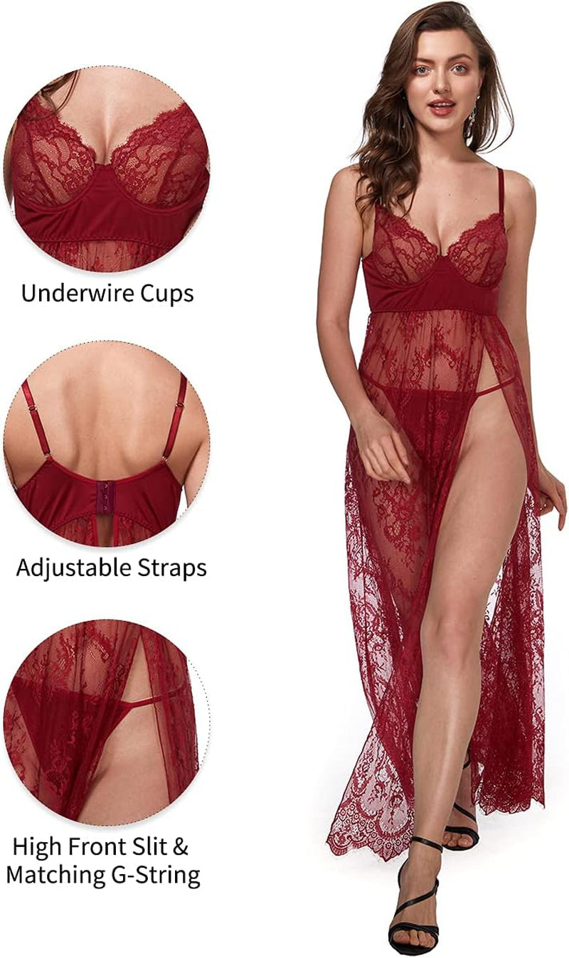 Elegant Wine Red Lace High Slit Maxi Gown - Sheer Women’s Lingerie with Underwire in Sizes S-4XL