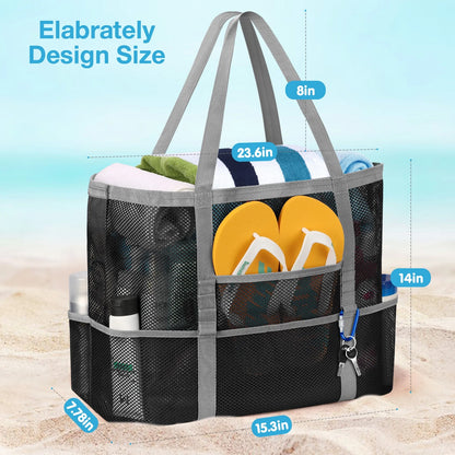 Oversized Wicker Beach Tote with Rope Handles and 9 Small Pockets for Women