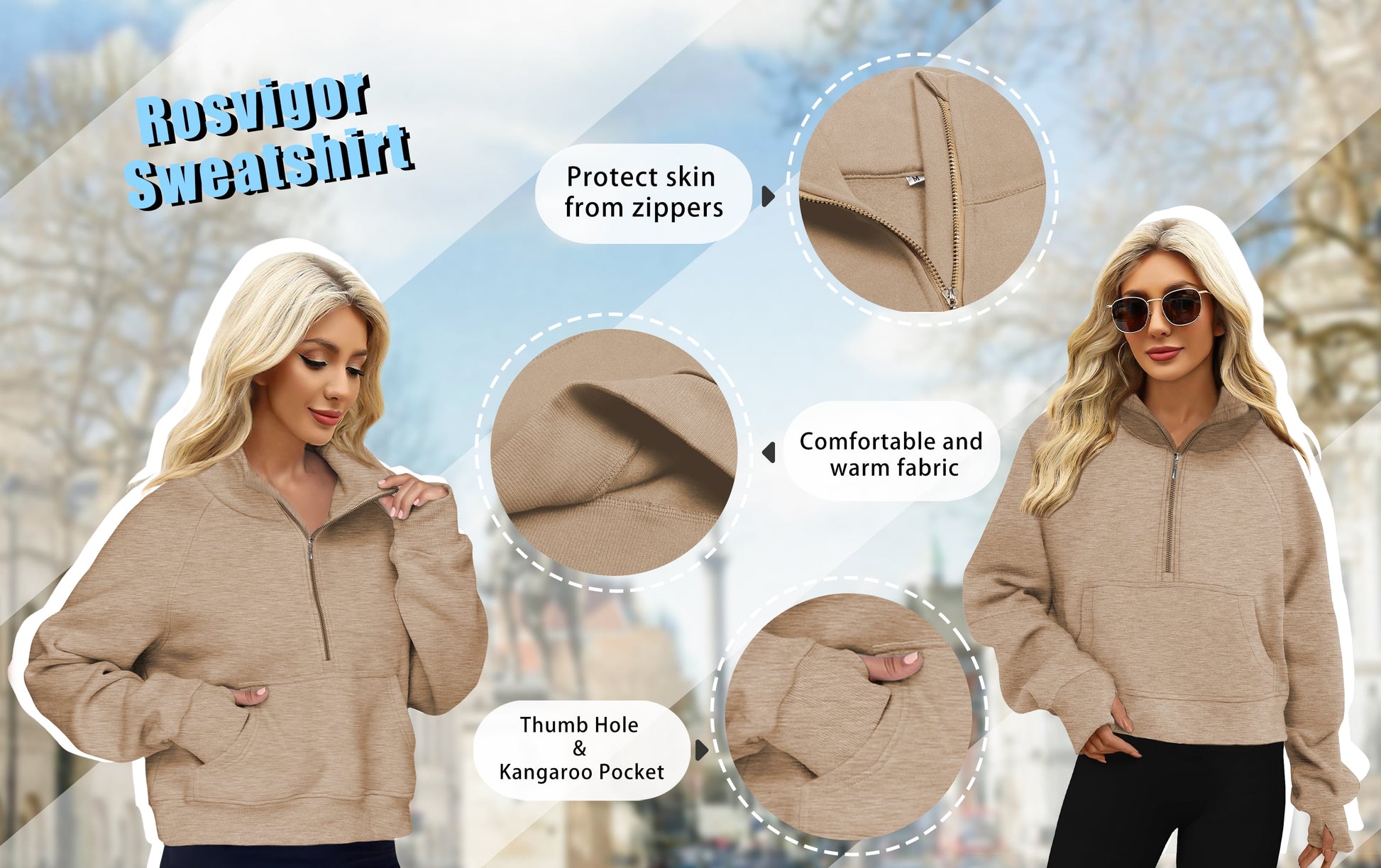 Cozy Khaki Half Zip Cropped Fleece Pullover Sweatshirt with Thumb Holes for Women