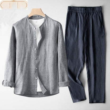 Men's Retro Thin Long Sleeve Linen Tang Suit Outfit